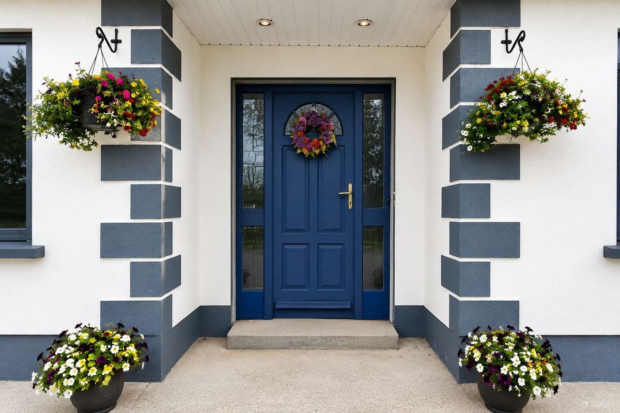 Navy front door with flower baskets and planters at the entrance porch