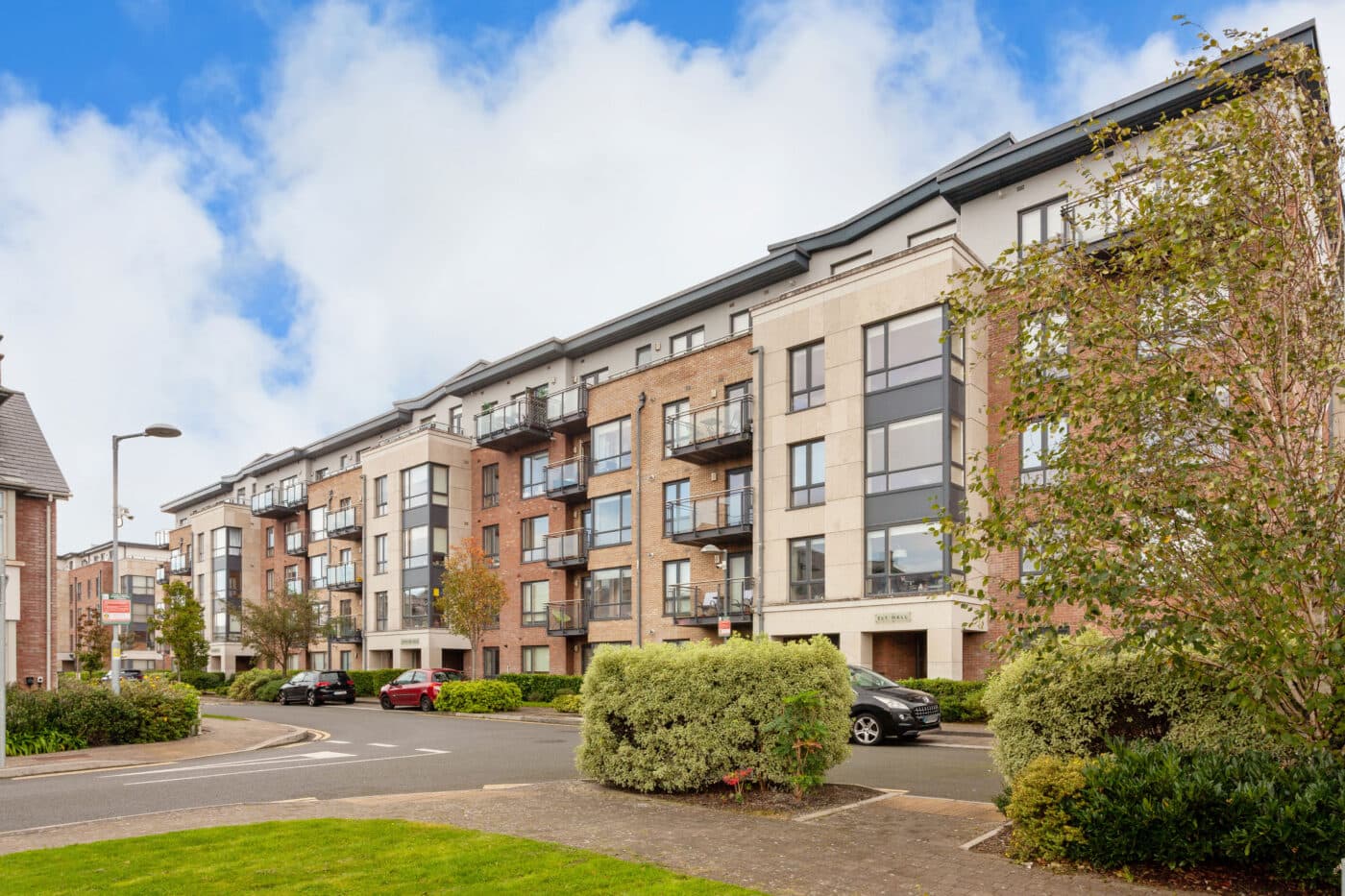 Exterior view of the Hazelbrook Square apartment building with balconies